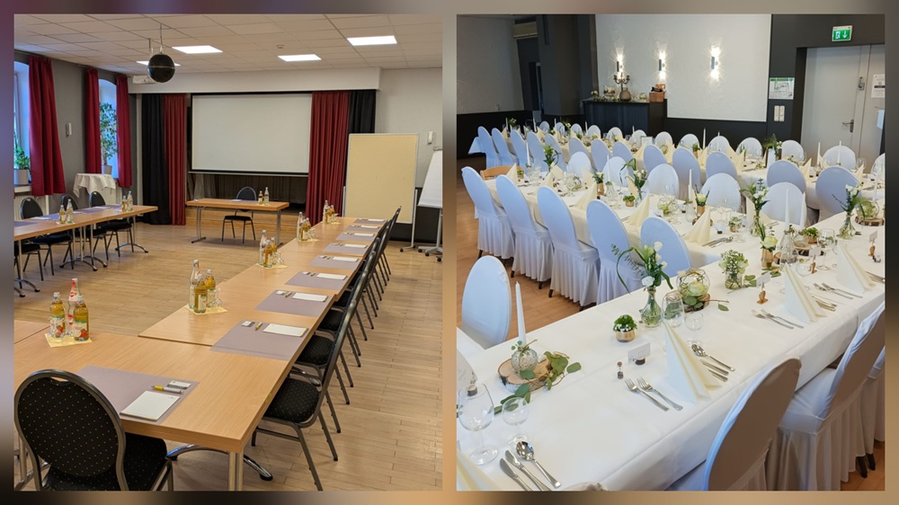 Collage of impressions of our event spaces for conferences, meetings and private celebrations such as weddings, birthdays and family gatherings at Hotel Restaurant Sonne Karlsruhe, Stupferich